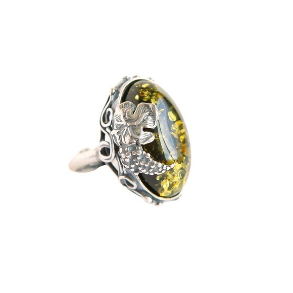Baltic Green Amber Grape Leaf Statemnet Ring in 925 Sterling Silver - Picture 2 of 9